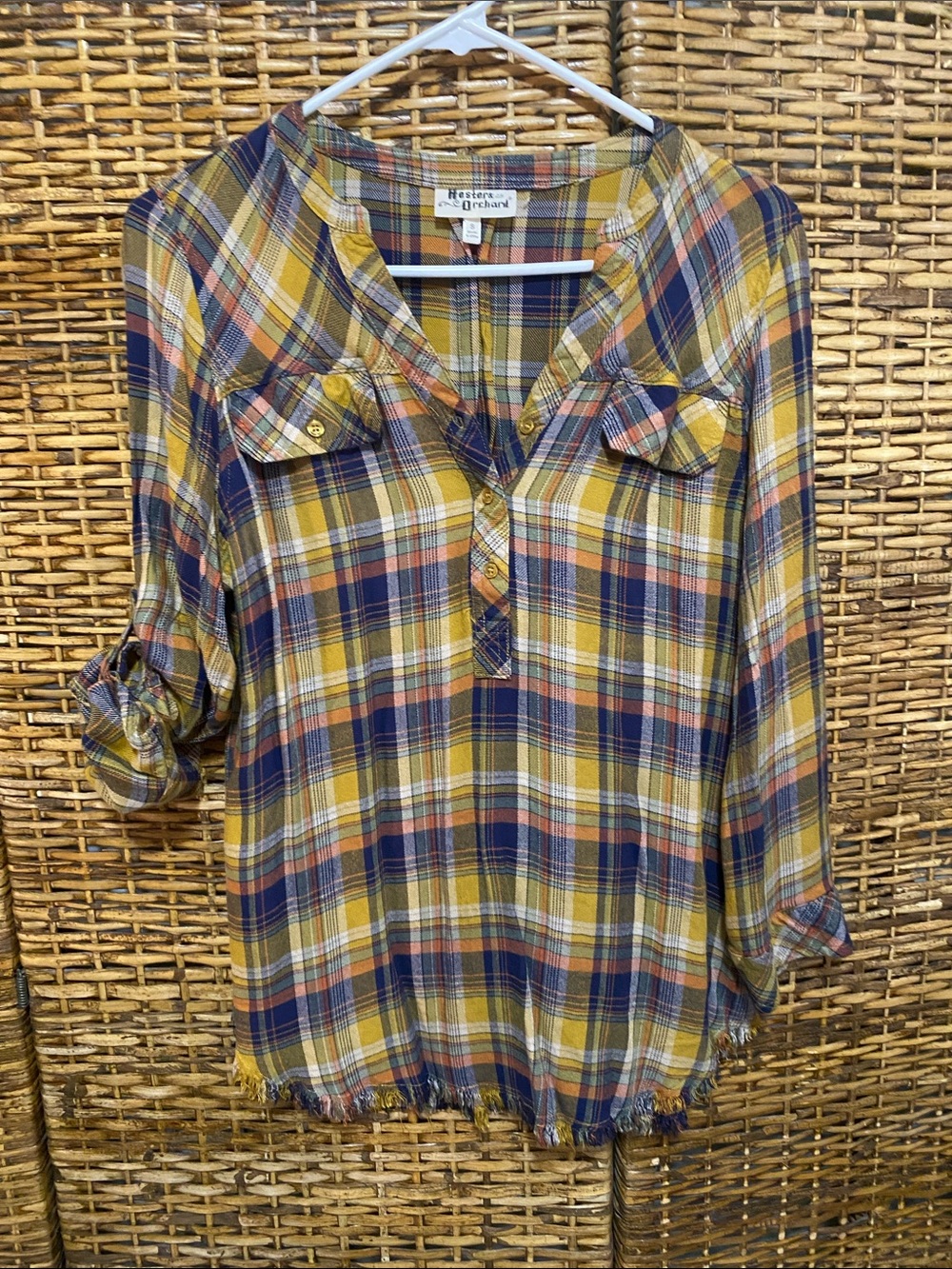 EUC Hester & Orchard Plaid Mustard raw ham, turn up sleeve Shirt S